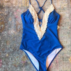 Cupshe Blue Plunge One Piece with Crochet Detail